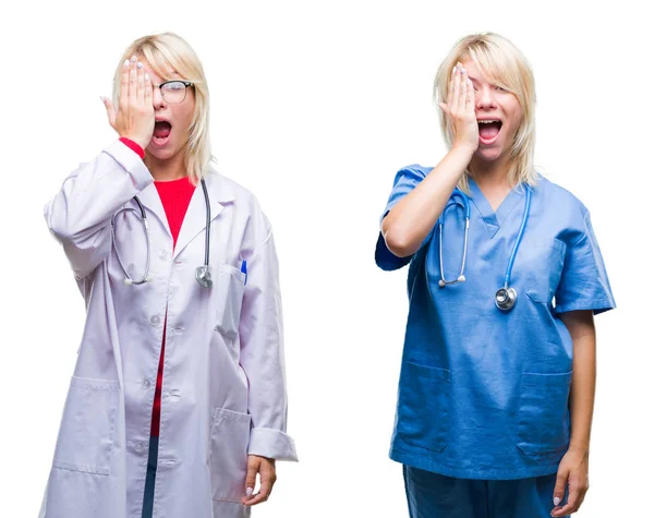 Collage Médico Enfermera Sobre Fondo Blanco Aislado Cubriendo Ojo Con —  Fotos de Stock