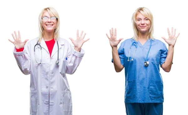 Kolaż Lekarza Pielęgniarki Kobieta Białym Białym Tle Pokazując Wskazując Palce — Zdjęcie stockowe