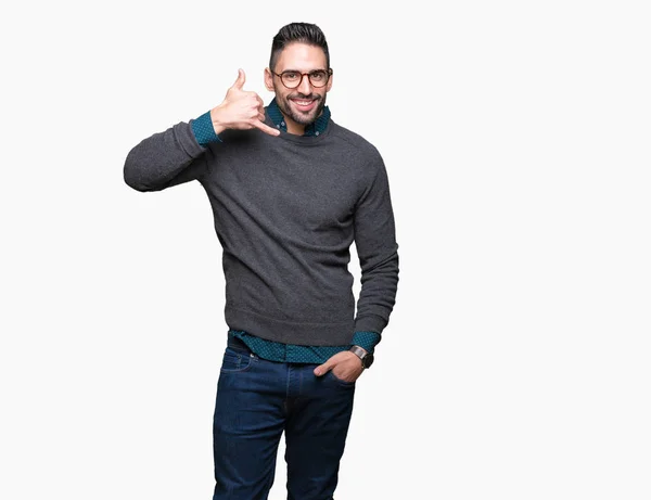 Joven Hombre Guapo Con Gafas Sobre Fondo Aislado Sonriendo Haciendo —  Fotos de Stock