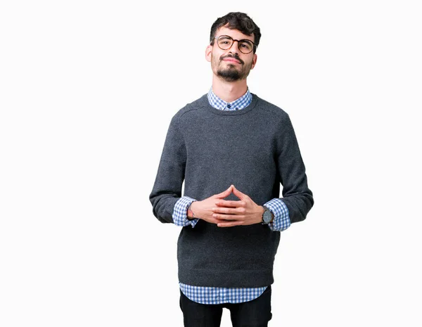 Ung Snygg Smart Man Bär Glasögon Över Isolerade Bakgrund Händer — Stockfoto