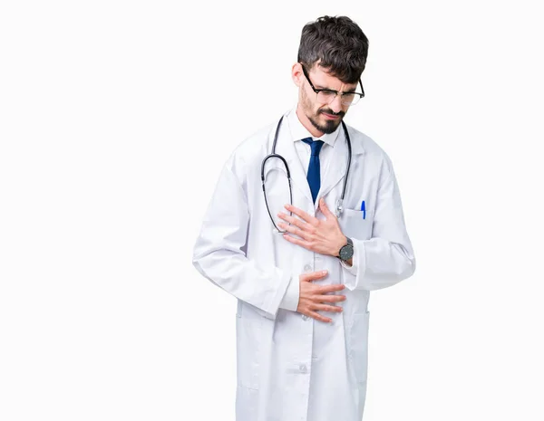 Young Doctor Man Wearing Hospital Coat Isolated Background Hand Stomach — Stock Photo, Image