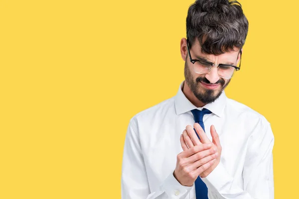 Jovem Homem Negócios Bonito Usando Óculos Sobre Fundo Isolado Sofrendo — Fotografia de Stock