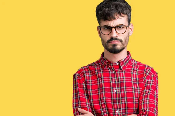 Mladý Pohledný Muž Nosí Brýle Izolované Pozadí Skeptik Nervózní Nesouhlasným — Stock fotografie