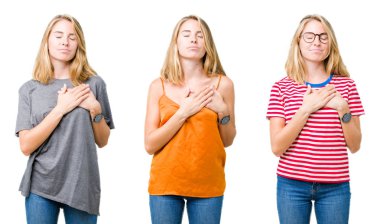 Kolaj üzerinde beyaz izole arka plan ile gülümseyen güzel sarışın kadının göğüs kapalı gözler ve yüzünde minnettar jest ile eller. Sağlık kavramı.