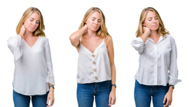 Güzel sarışın kadın beyaz izole yüzünden kolaj elle, kas ağrısı boyun dokunmadan acı boyun ağrısı yaralanma, arka plan