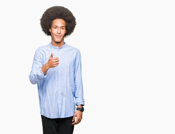 Young African American Man Afro Hair Doing Happy Thumbs Gesture — Stock Photo, Image