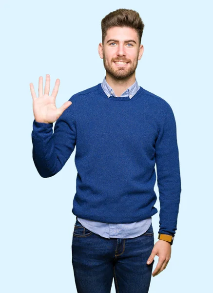 Young Handsome Bussines Man Showing Pointing Fingers Number Five While — Stock Photo, Image