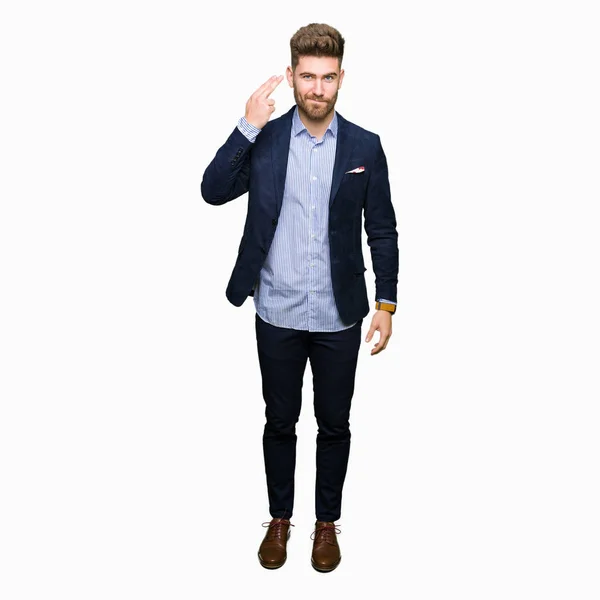 Young Handsome Bussines Man Shooting Killing Oneself Pointing Hand Fingers — Stock Photo, Image