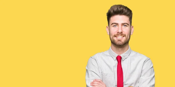 Young Handsome Business Man Happy Face Smiling Crossed Arms Looking — Stock Photo, Image