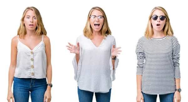 Collage Beautiful Blonde Woman White Isolated Background Afraid Shocked Surprise — Stock Photo, Image