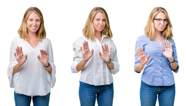 Collage Hermosa Mujer Negocios Rubia Sobre Fondo Blanco Aislado Expresión — Foto de Stock