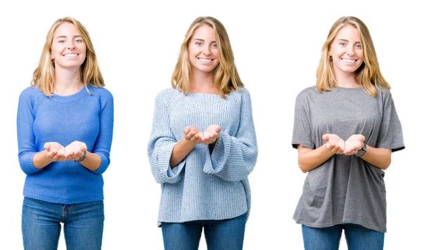 Collage Van Mooie Blonde Vrouw Witte Geïsoleerd Background Smiling Met — Stockfoto