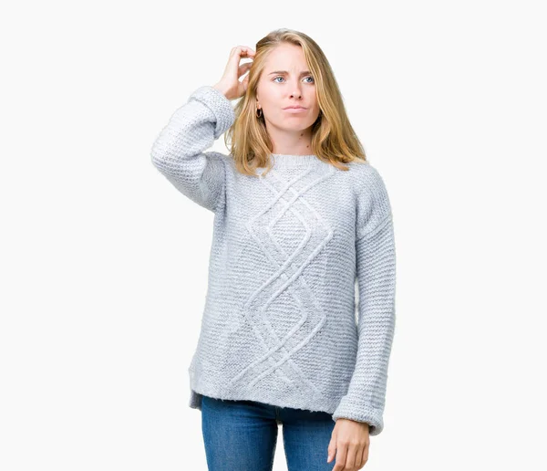 Beautiful Young Woman Wearing Winter Sweater Isolated Background Confuse Wonder — Stock Photo, Image