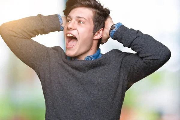 Young Handsome Elegant Man Isolated Background Crazy Scared Hands Head — Stock Photo, Image