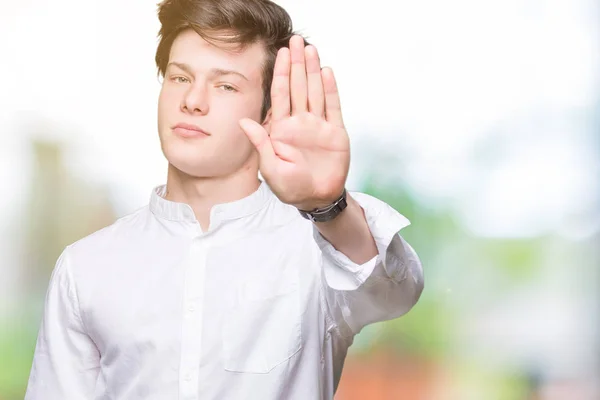 Jonge Knappe Zakenman Geïsoleerde Achtergrond Stop Doen Zingen Met Palm — Stockfoto