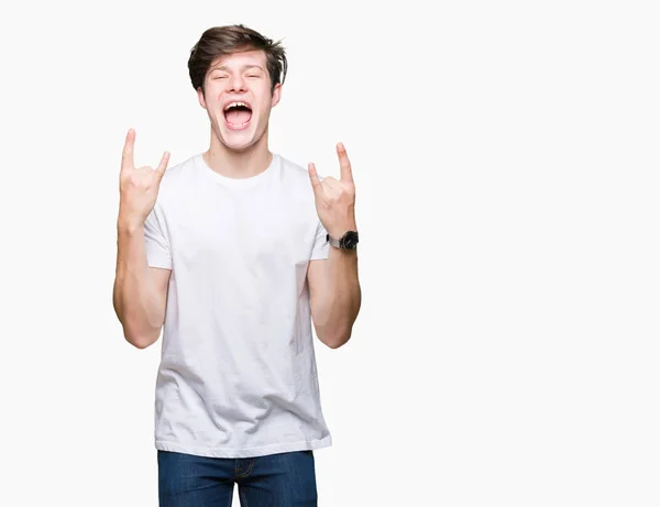 Ung Vacker Man Bär Casual Vit Shirt Över Isolerade Bakgrunden — Stockfoto