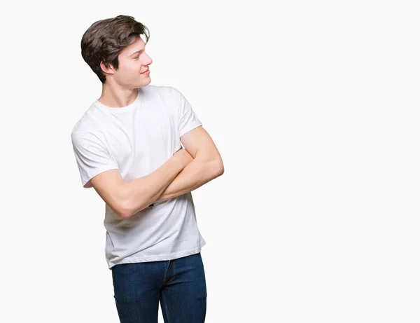 Joven Hombre Guapo Vistiendo Casual Camiseta Blanca Sobre Fondo Aislado — Foto de Stock