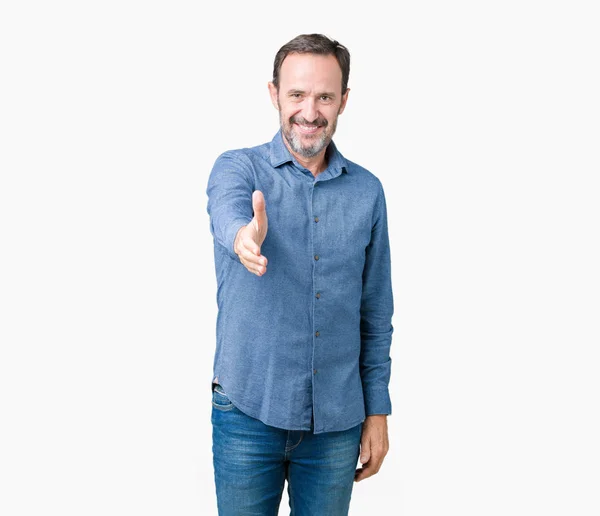 Stilig Medelåldern Eleganta Senior Mannen Över Isolerade Bakgrund Leende Vänliga — Stockfoto