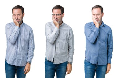 Yakışıklı üst düzey iş adamı seyir yorgun ve bıkkın ile depresyon sorunları karşılıklı silah olan beyaz izole arka plan düşünme üzerine kolaj.