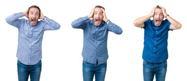 Kolaj yakışıklı komuta sizde üzerinde beyaz bir arka plan deli izole ve baş, korkuyor ve açık ağzı ile şok sürpriz elleriyle korkuttu