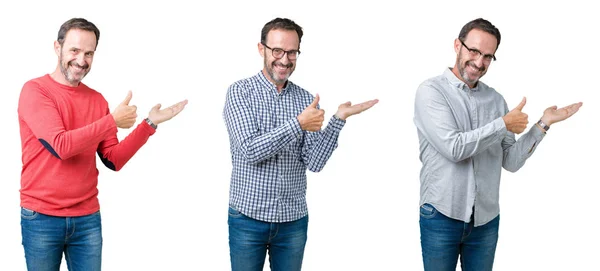 Colagem Homem Sênior Bonito Sobre Fundo Isolado Branco Mostrando Palma — Fotografia de Stock