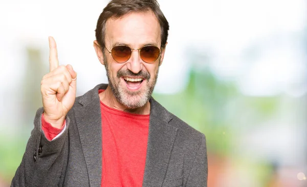 Middle Age Handsome Business Man Wearing Sunglasses Pointing Finger Successful — Stock Photo, Image