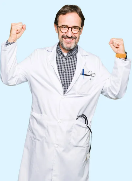 Middle Age Doctor Men Wearing Medical Coat Showing Arms Muscles — Stock Photo, Image