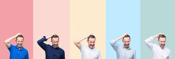 Collage Van Senior Grijze Knappe Man Kleurrijke Strepen Geïsoleerde Achtergrond — Stockfoto