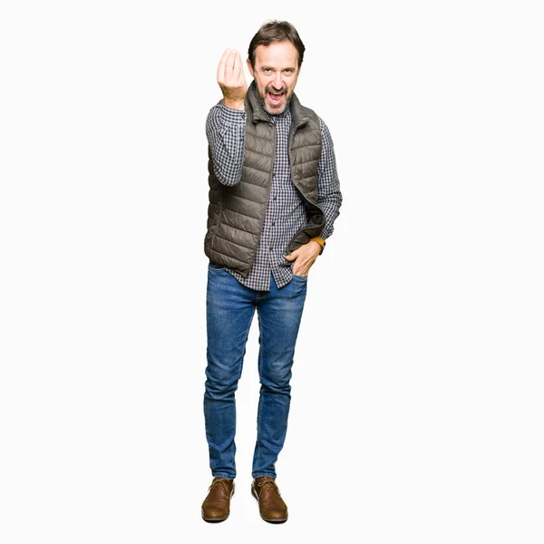 Middle Age Handsome Man Wearing Winter Vest Doing Italian Gesture — Stock Photo, Image
