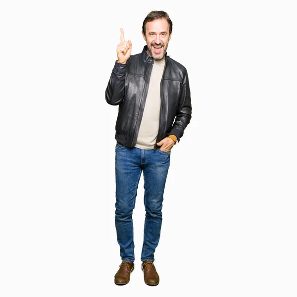 Middle Age Handsome Man Wearing Black Leather Jacket Pointing Finger — Stock Photo, Image