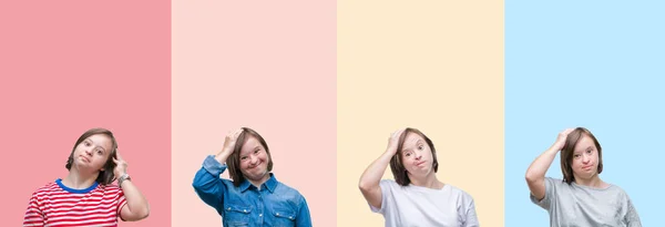 Collage Syndrom Kvinna Över Färgglada Ränder Isolerad Bakgrund Förvirra Och — Stockfoto