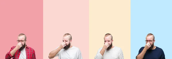 Collage Eines Jungen Mannes Mit Bart Über Bunten Streifen Isoliert — Stockfoto