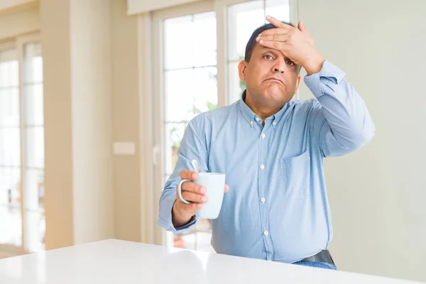 Middle Age Man Drinking Coffee Morning Home Stressed Hand Head — Stock Photo, Image