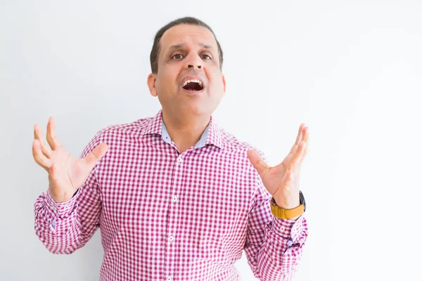 Hombre Mediana Edad Vistiendo Camisa Negocios Sobre Pared Blanca Celebrando — Foto de Stock