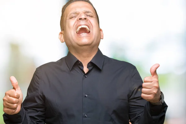 Handsome middle age arab business man over isolated background success sign doing positive gesture with hand, thumbs up smiling and happy. Looking at the camera with cheerful expression, winner gesture.