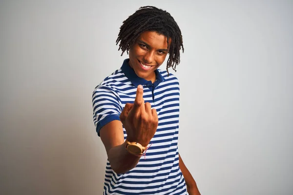 Afro Man Dreadlocks Wearing Striped Blue Polo Standing Isolated White — Stock Photo, Image