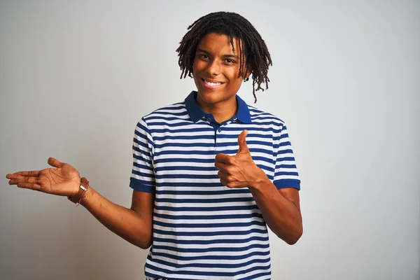 Afro Man Dreadlocks Wearing Striped Blue Polo Standing Isolated White — Stock Photo, Image