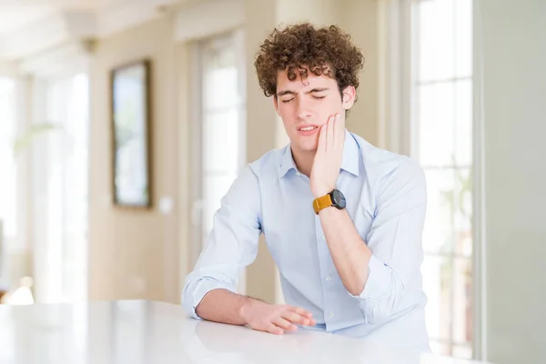 Young Business Man Curly Read Head Touching Mouth Hand Painful — Stock Photo, Image