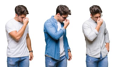 Izole arka plan yorgun sürtünme burun ve gözler üzerinde genç yakışıklı adam Kolaj yorgunluk ve baş ağrısı hissi. Stres ve hayal kırıklığı kavramı.