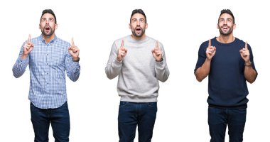 Beyaz izole arka plan üzerinde yakışıklı iş adamı kolaj hayret ve görünümlü ve parmaklar ve yükseltilmiş kollar ile işaret şaşırttı.