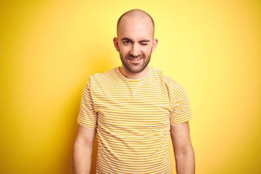 Sarı izole arka plan üzerinde seksi ifade, neşeli ve mutlu yüz ile kamera bakarak kırmızı üzerinde rahat çizgili t-shirt giyen sakal ile genç kel adam.