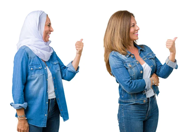 Collage Hermosa Mujer Árabe Mediana Edad Sobre Fondo Aislado Mirando —  Fotos de Stock