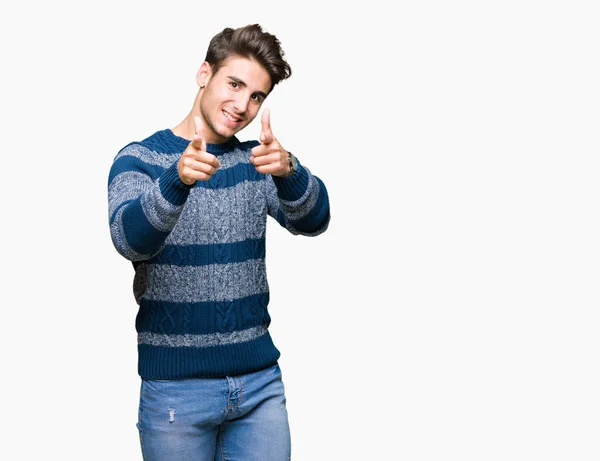 Young Handsome Man Isolated Background Pointing Fingers Camera Happy Funny — Stock Photo, Image