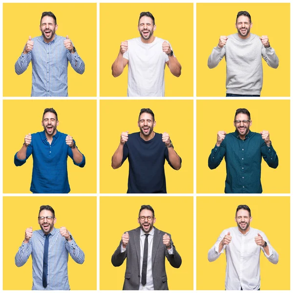 Collage Handsome Man Yellow Isolated Background Excited Success Arms Raised — Stock Photo, Image