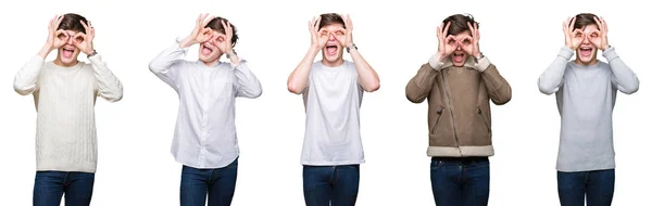 Collage Eines Jungen Mannes Vor Weißem Isoliertem Hintergrund Der Eine — Stockfoto