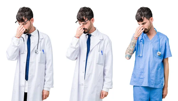 Collage Del Médico Con Abrigo Médico Sobre Fondo Aislado Cansado — Foto de Stock