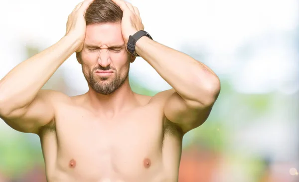 Handsome Shirtless Man Showing Nude Chest Suffering Headache Desperate Stressed — Stock Photo, Image