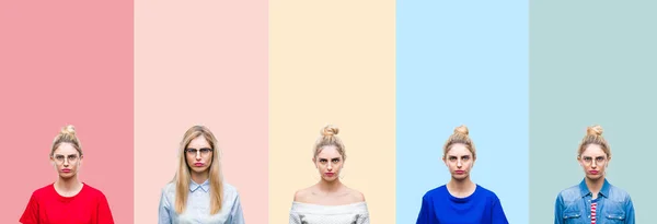 Kolaż Piękne Blond Kobieta Przez Kolorowe Paski Białym Tle Sceptykiem — Zdjęcie stockowe