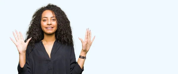 Young Beautiful Girl Curly Hair Wearing Elegant Dress Showing Pointing — Stock Photo, Image