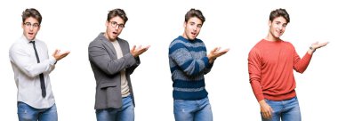 Izole arka plan üzerinde genç yakışıklı iş adamı Kolaj el ve açık avuç içi ile yan işaret, mutlu ve kendinden emin gülümseyen reklam sunan